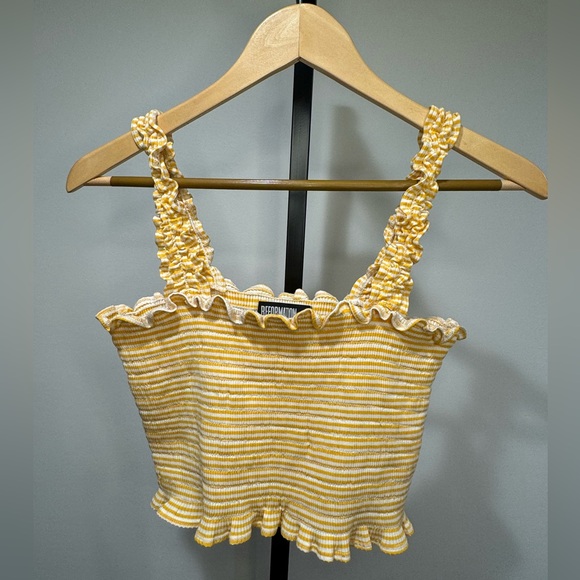 Reformation Cropped Smocked Ruffle Tank – Yellow Striped Top, Size Medium - Picture 5 of 5